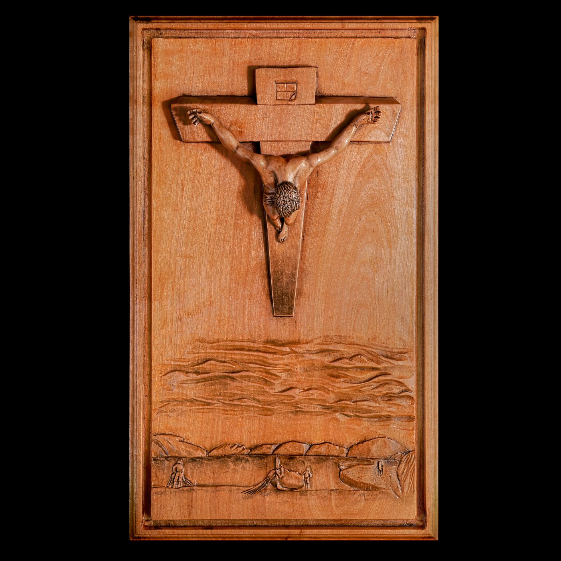 Mural escultórico 'Cristo de San Juan de la Cruz' tallado en madera de lenga, 67x46cm